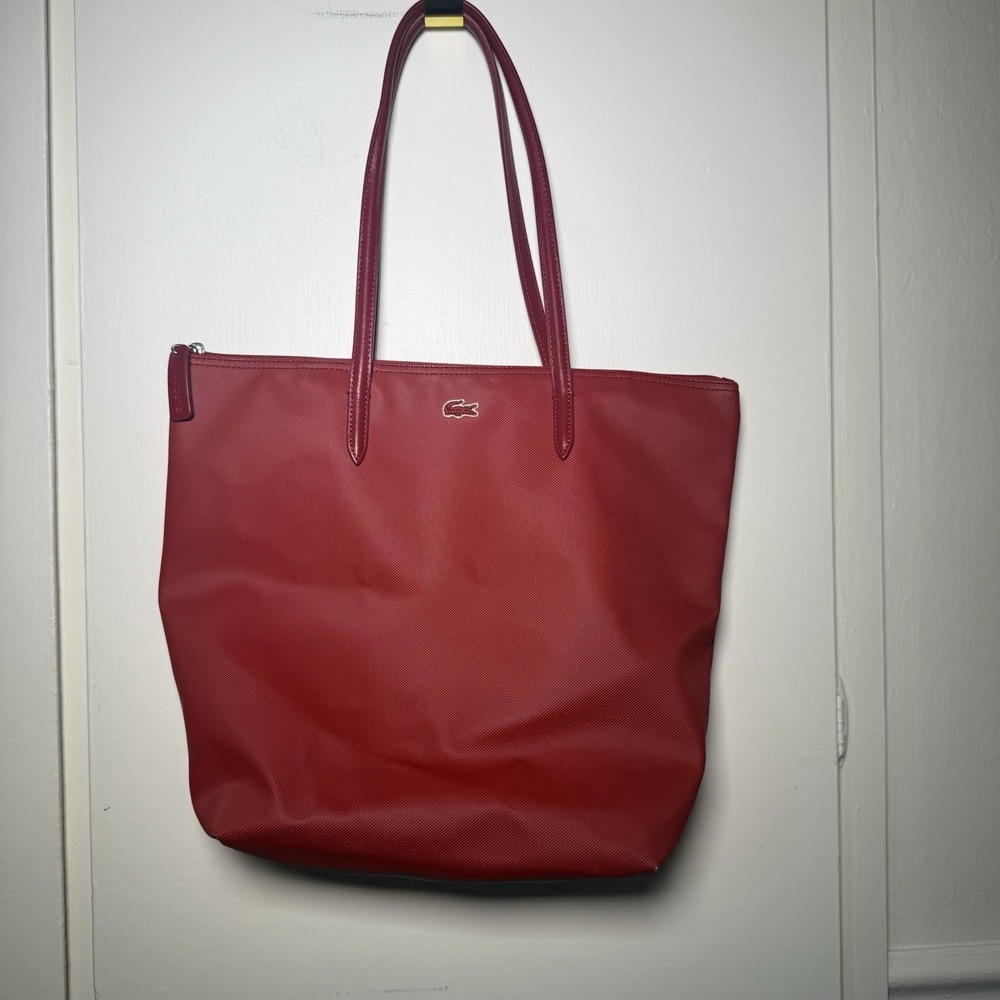 LACOSTE Burgundy Red Ted Split Cow Leather Large Travel Tote Bag